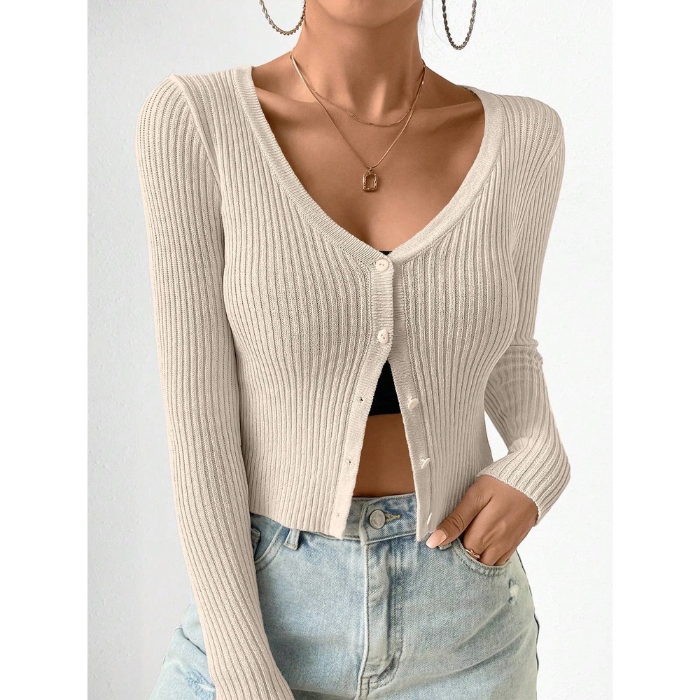 minimalist Ribbed Knit Button down Cropped Cardigan sweater black - Picture 10 of 11